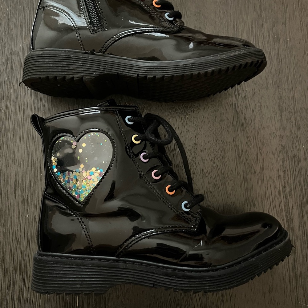 Little girl shiny black combat boots size 1 and crocs size 13